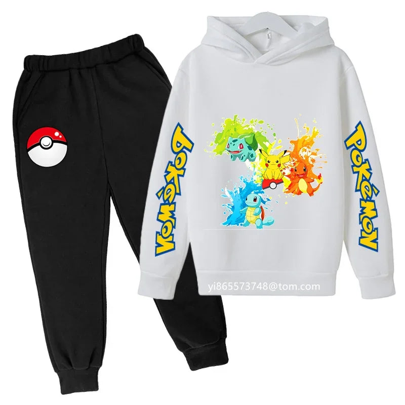 Boys Girls Clothes Kawaii Pokemon Hoodie Set Kids 2Pcs Spring Autumn Cartoon Pikachu Hooded +Pants Tracksuit Sonic Clothing
