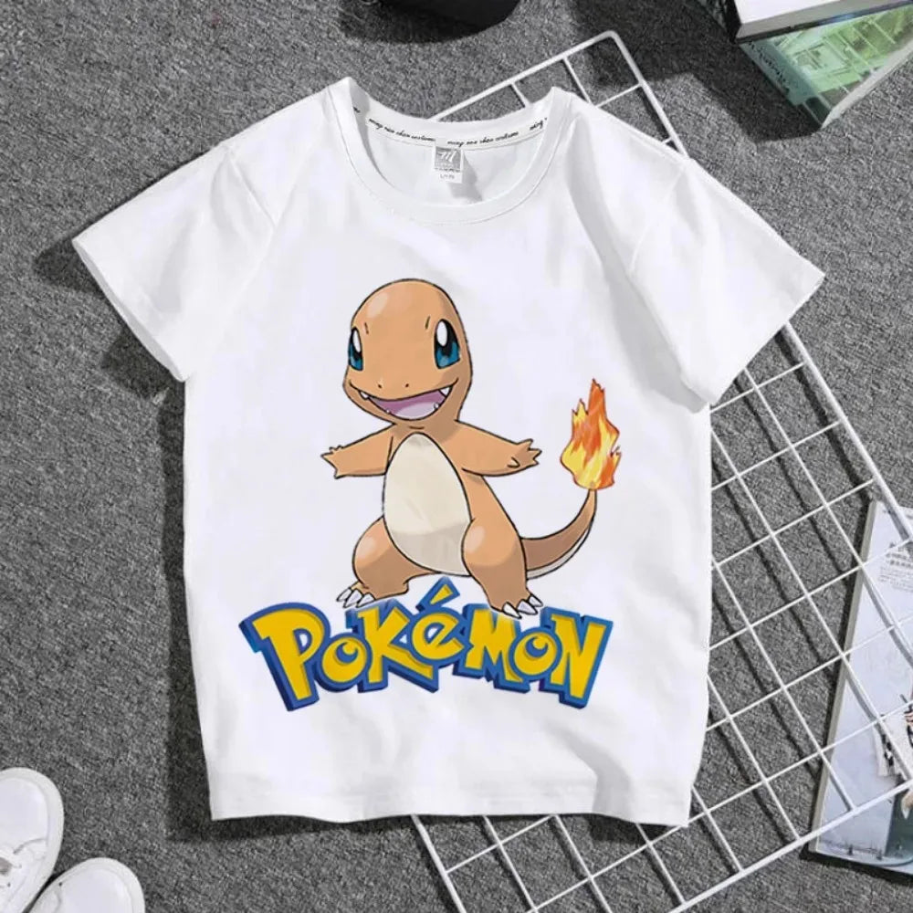 Pokemon Pikachu T-shirt Fashion Cartoon Charmander Eevee Summer Outdoor Leisure Boys and Girls Short Sleeve Child Holiday Gifts
