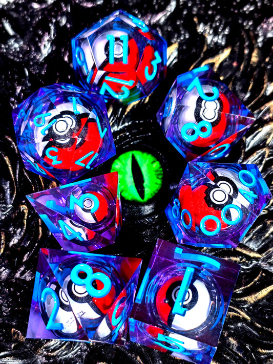 DnD Dice Set - 7-Piece Resin Dice with Spinning Dragon Eye Core, Transparent Blue for RPG & Tabletop Games