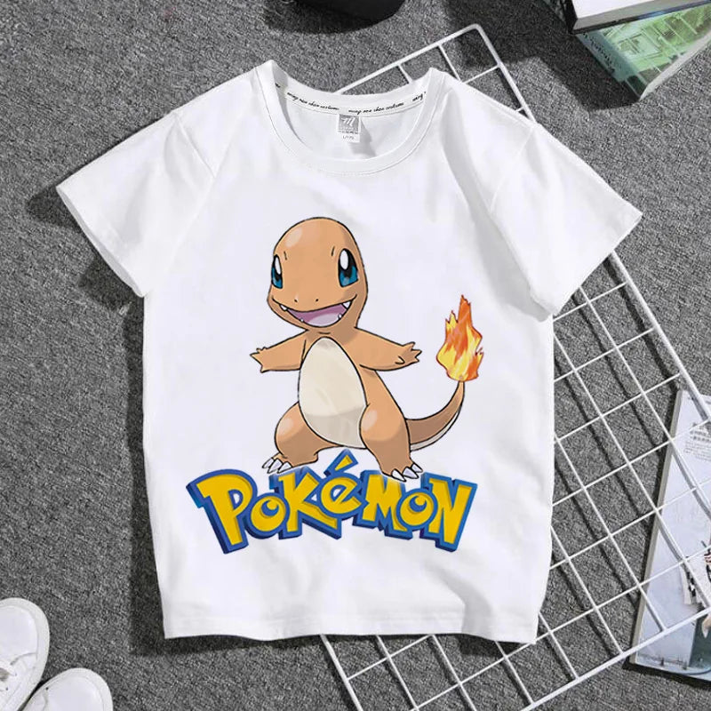 Pokemon Pikachu T-shirt Fashion Cartoon Charmander Eevee Summer Outdoor Leisure Boys and Girls Short Sleeve Child Holiday Gifts