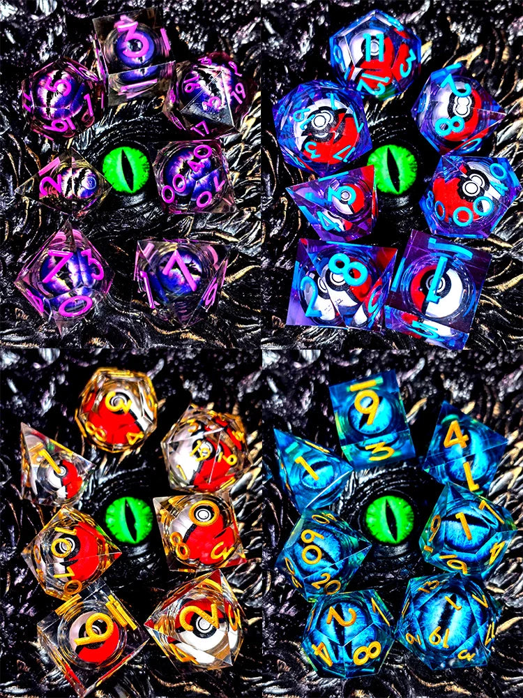 DnD Dice Set - 7-Piece Resin Dice with Spinning Dragon Eye Core, Transparent Blue for RPG & Tabletop Games