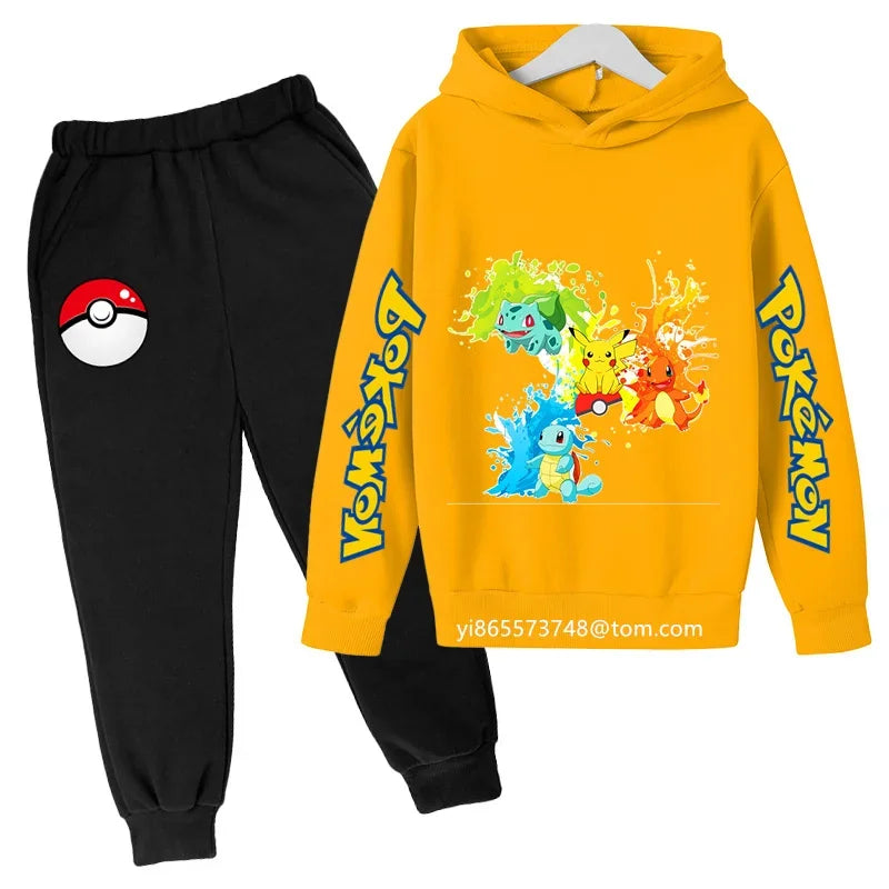 Boys Girls Clothes Kawaii Pokemon Hoodie Set Kids 2Pcs Spring Autumn Cartoon Pikachu Hooded +Pants Tracksuit Sonic Clothing