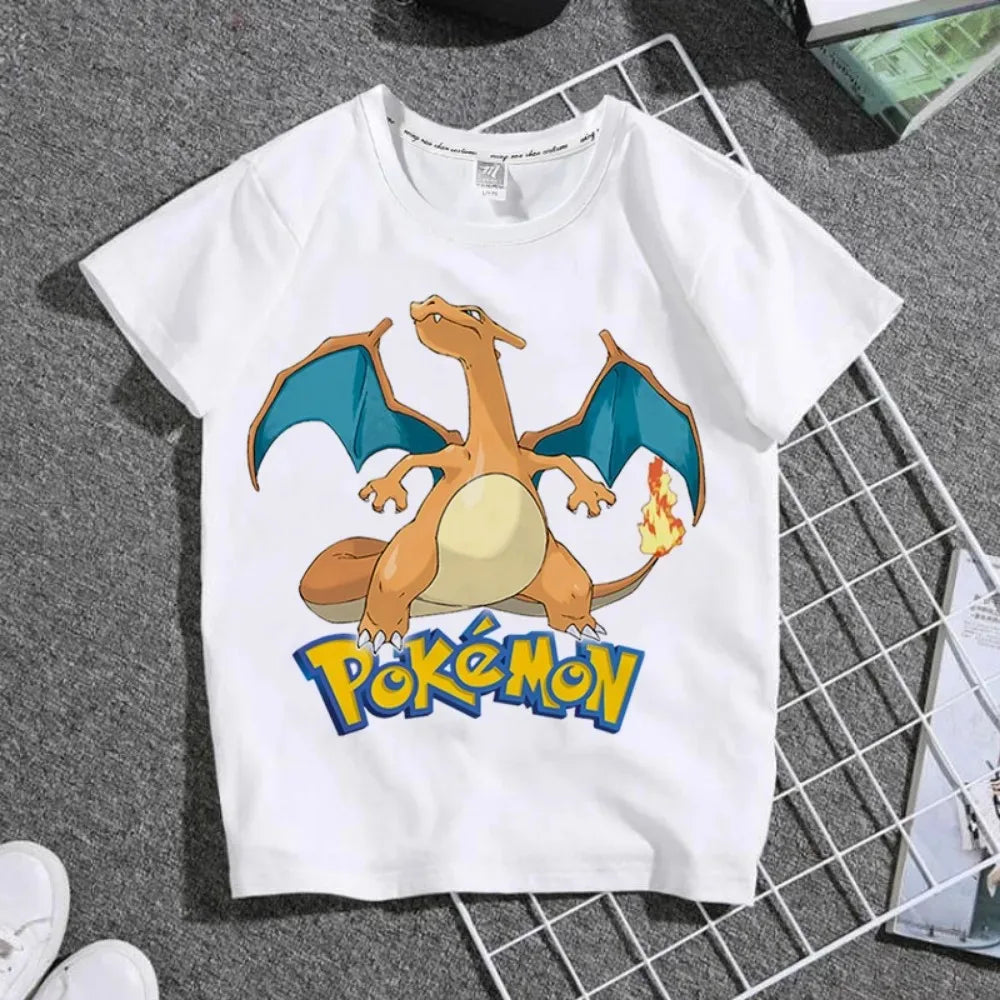 Pokemon Pikachu T-shirt Fashion Cartoon Charmander Eevee Summer Outdoor Leisure Boys and Girls Short Sleeve Child Holiday Gifts