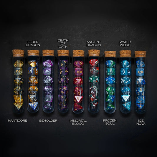 7pc Mythology-Inspired D&D Dice Set – Potion Flask Polyhedral RPG Dice
