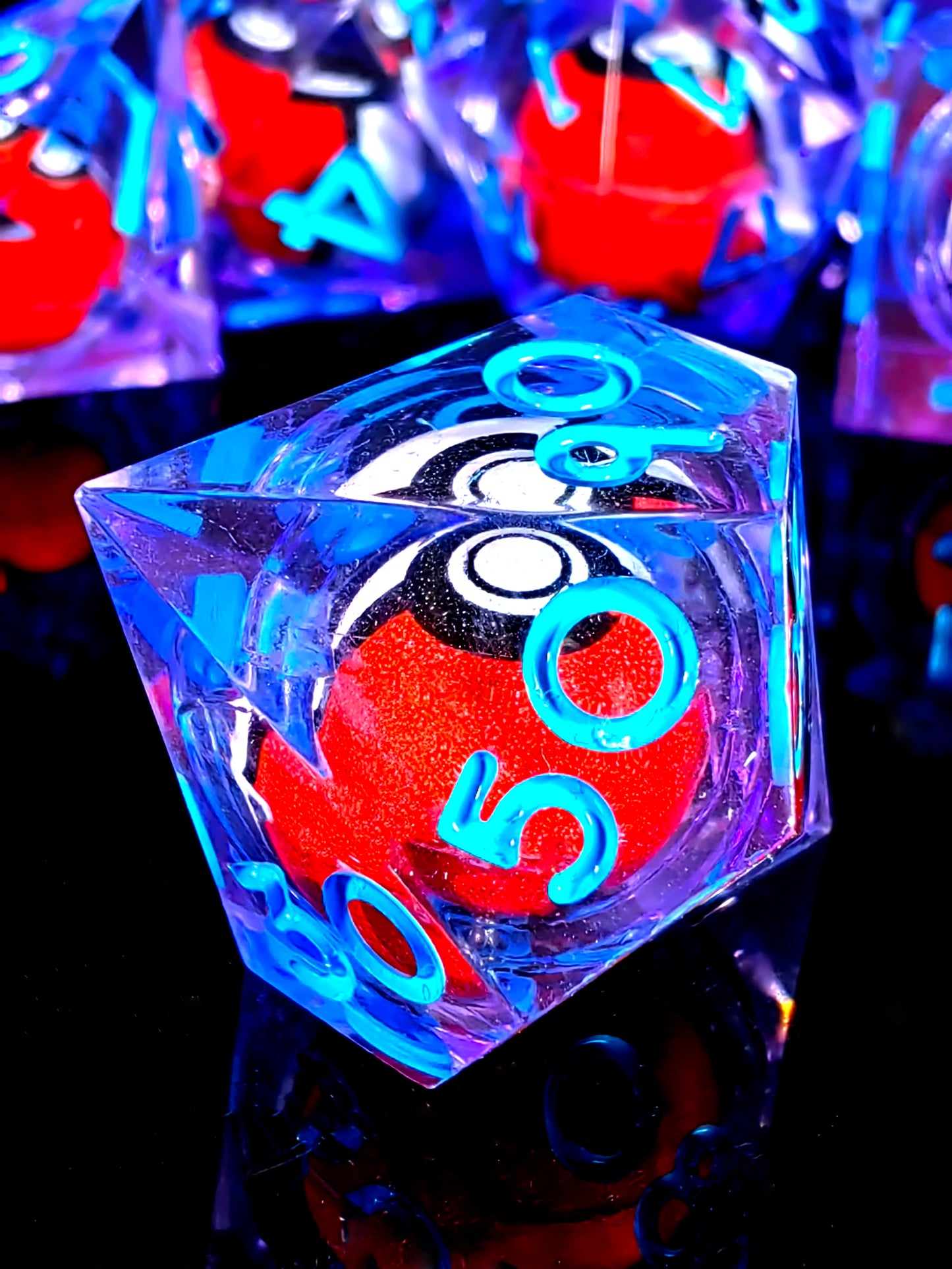 DnD Dice Set - 7-Piece Resin Dice with Spinning Dragon Eye Core, Transparent Blue for RPG & Tabletop Games