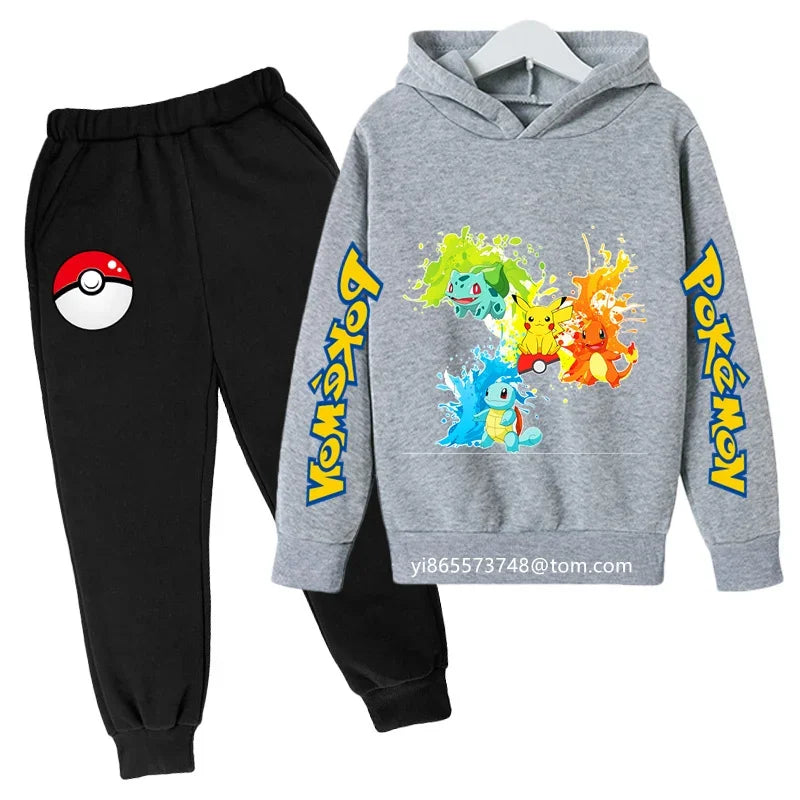 Boys Girls Clothes Kawaii Pokemon Hoodie Set Kids 2Pcs Spring Autumn Cartoon Pikachu Hooded +Pants Tracksuit Sonic Clothing