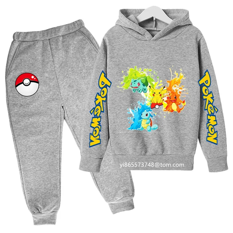 Boys Girls Clothes Kawaii Pokemon Hoodie Set Kids 2Pcs Spring Autumn Cartoon Pikachu Hooded +Pants Tracksuit Sonic Clothing