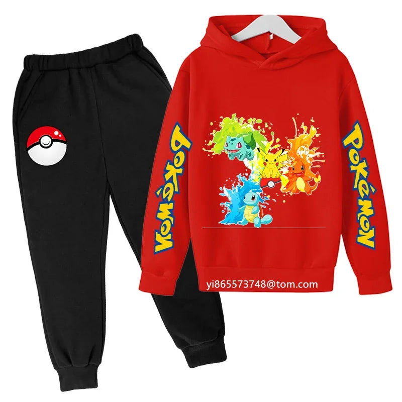 Boys Girls Clothes Kawaii Pokemon Hoodie Set Kids 2Pcs Spring Autumn Cartoon Pikachu Hooded +Pants Tracksuit Sonic Clothing