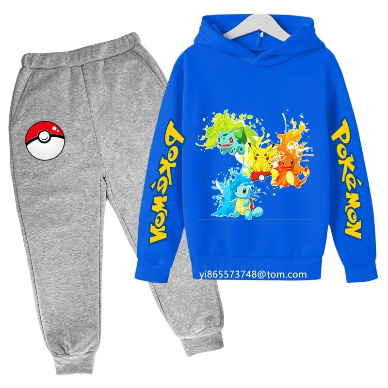 Boys Girls Clothes Kawaii Pokemon Hoodie Set Kids 2Pcs Spring Autumn Cartoon Pikachu Hooded +Pants Tracksuit Sonic Clothing