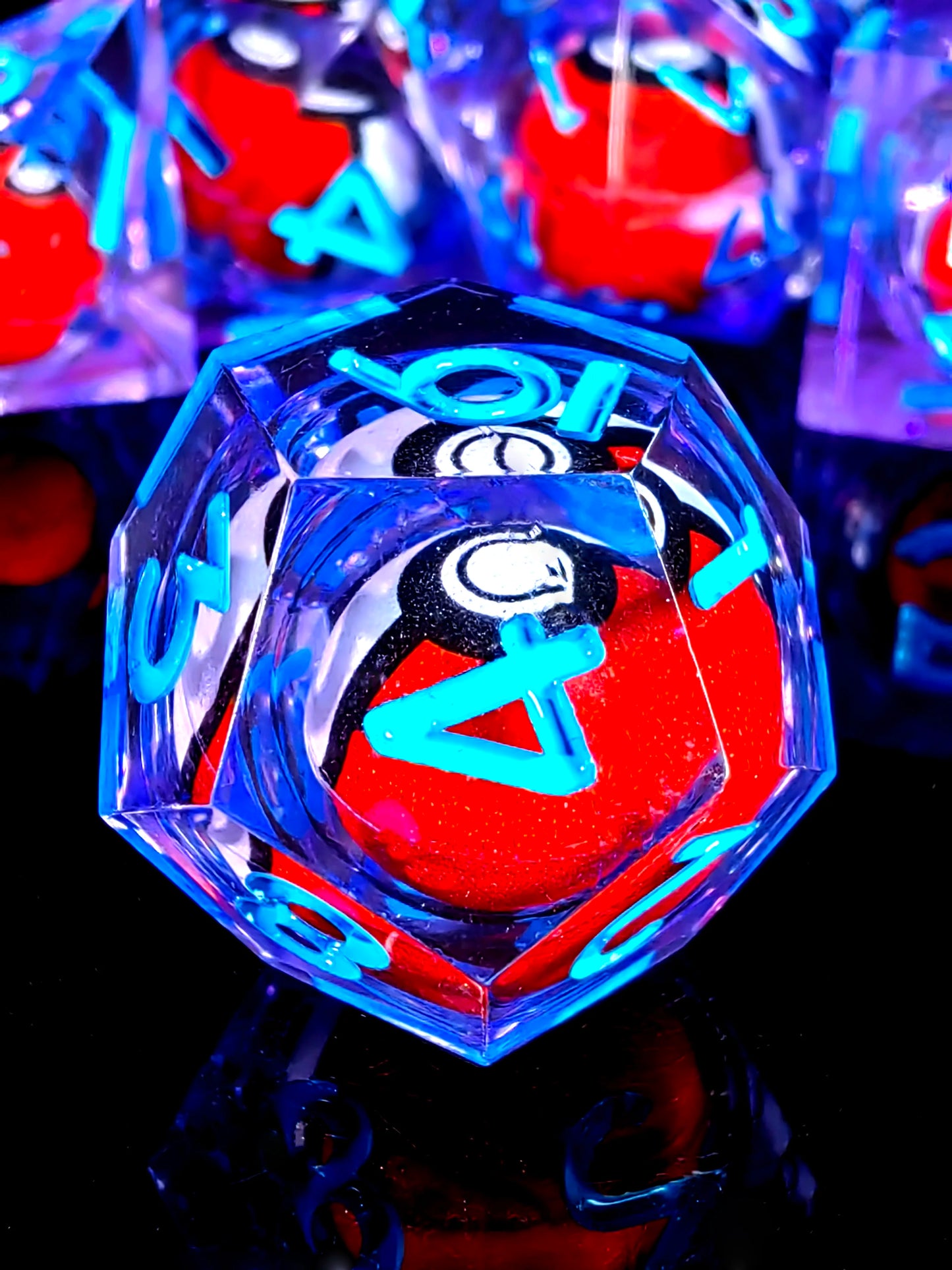 DnD Dice Set - 7-Piece Resin Dice with Spinning Dragon Eye Core, Transparent Blue for RPG & Tabletop Games