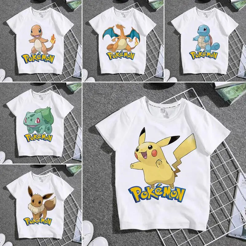 Pokemon Pikachu T-shirt Fashion Cartoon Charmander Eevee Summer Outdoor Leisure Boys and Girls Short Sleeve Child Holiday Gifts