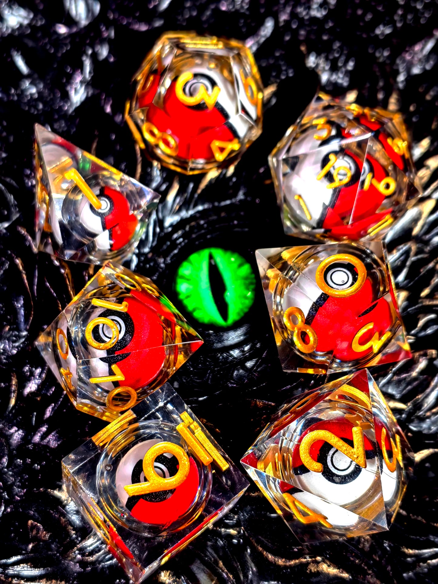 DnD Dice Set - 7-Piece Resin Dice with Spinning Dragon Eye Core, Transparent Blue for RPG & Tabletop Games