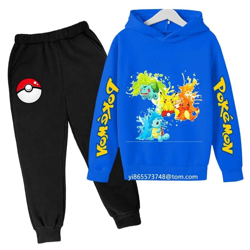 Boys Girls Clothes Kawaii Pokemon Hoodie Set Kids 2Pcs Spring Autumn Cartoon Pikachu Hooded +Pants Tracksuit Sonic Clothing