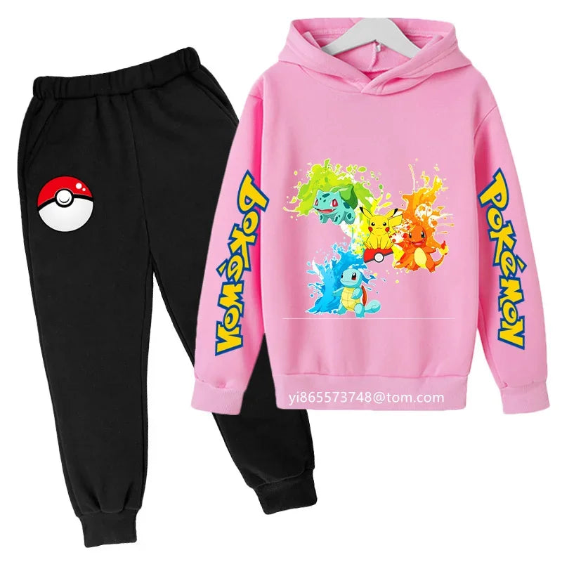 Boys Girls Clothes Kawaii Pokemon Hoodie Set Kids 2Pcs Spring Autumn Cartoon Pikachu Hooded +Pants Tracksuit Sonic Clothing