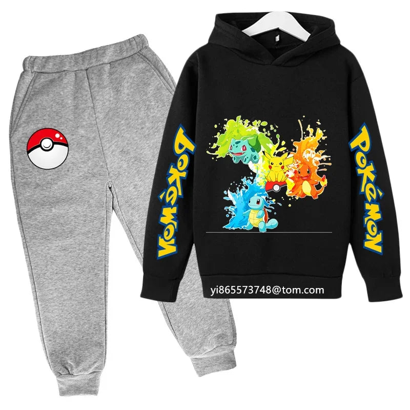 Boys Girls Clothes Kawaii Pokemon Hoodie Set Kids 2Pcs Spring Autumn Cartoon Pikachu Hooded +Pants Tracksuit Sonic Clothing