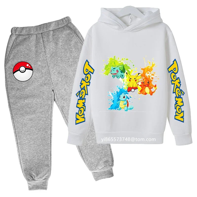Boys Girls Clothes Kawaii Pokemon Hoodie Set Kids 2Pcs Spring Autumn Cartoon Pikachu Hooded +Pants Tracksuit Sonic Clothing