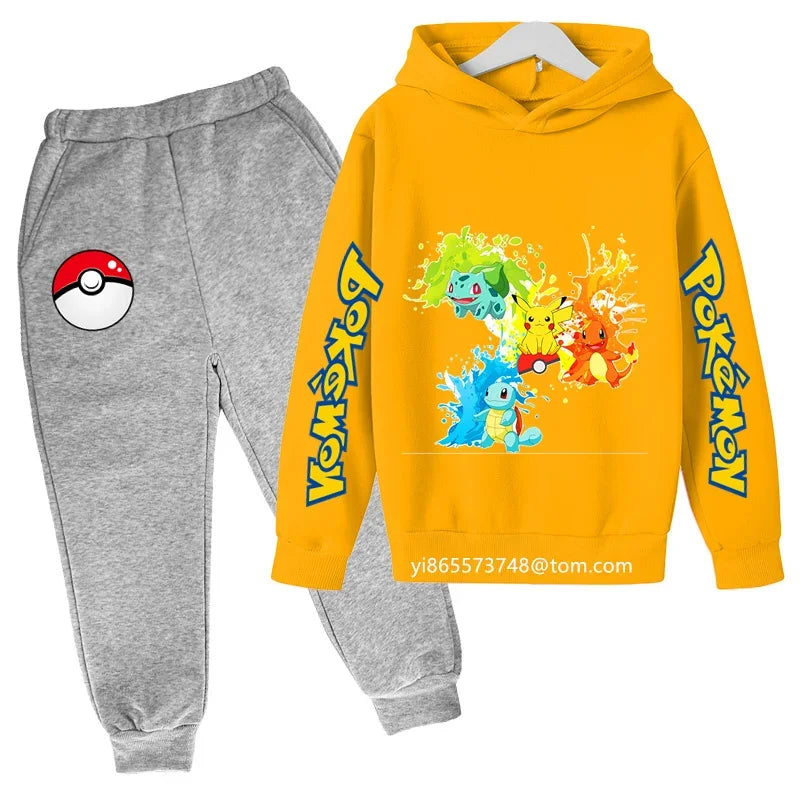 Boys Girls Clothes Kawaii Pokemon Hoodie Set Kids 2Pcs Spring Autumn Cartoon Pikachu Hooded +Pants Tracksuit Sonic Clothing