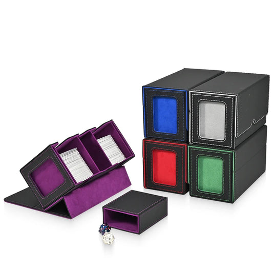 MTG Card Deck Box with two display window and dice box,Holds 200+ Double Sleeved Cards,PU Leather Card Box Fits for TCG CCG Card