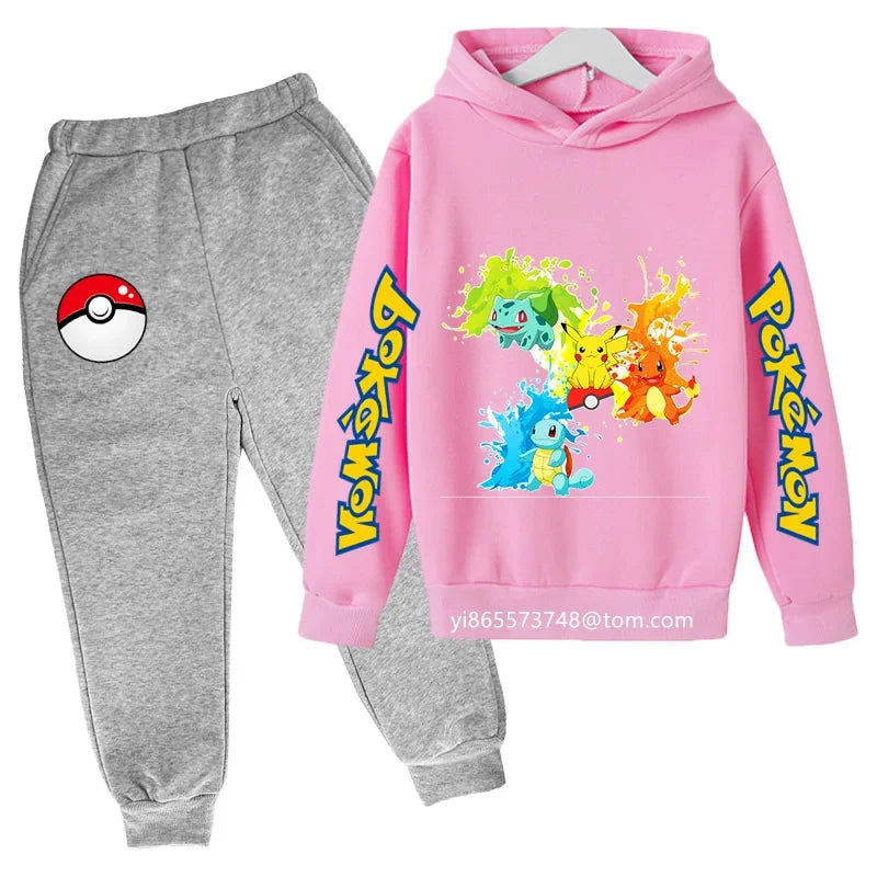 Boys Girls Clothes Kawaii Pokemon Hoodie Set Kids 2Pcs Spring Autumn Cartoon Pikachu Hooded +Pants Tracksuit Sonic Clothing