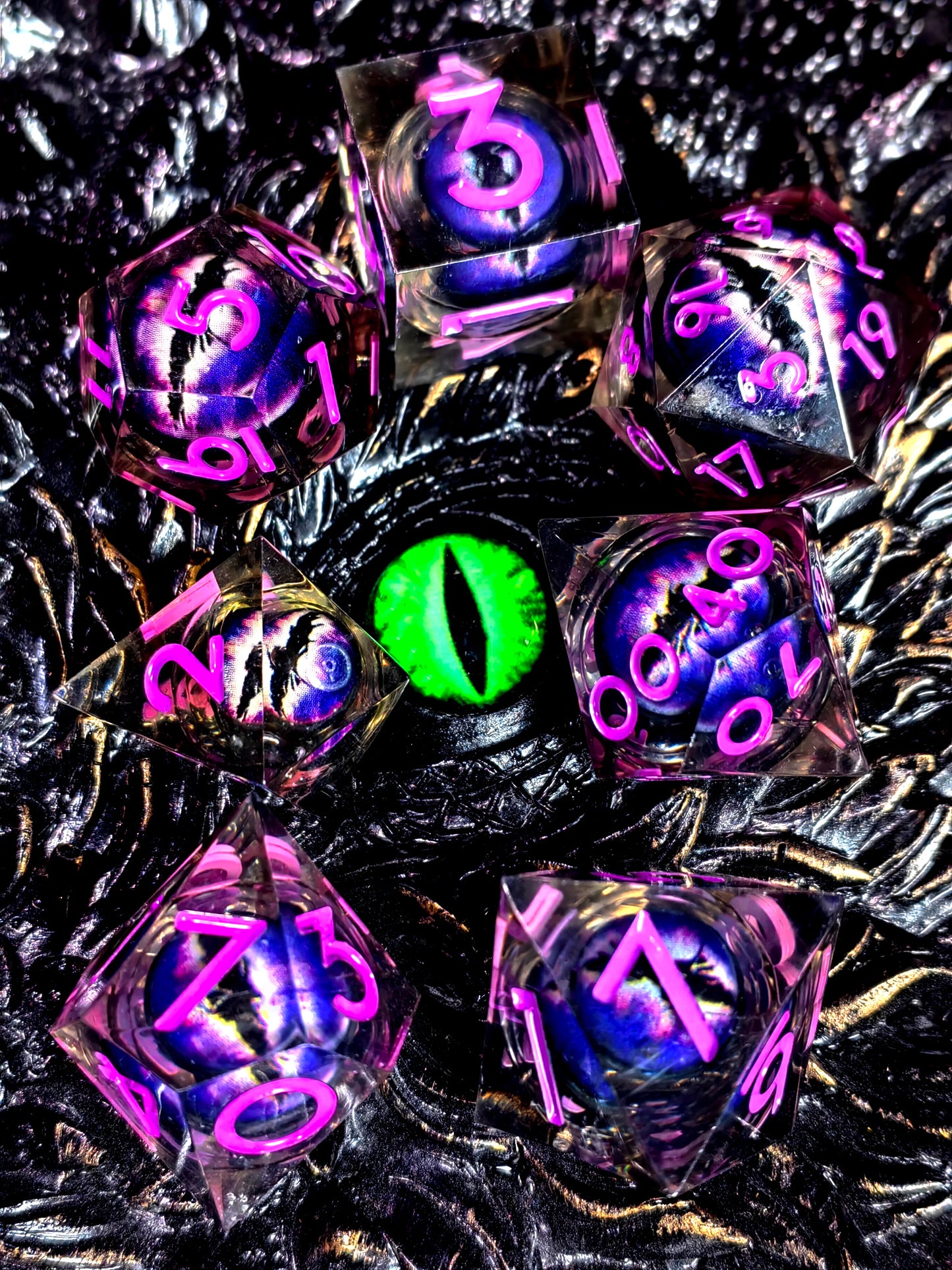 DnD Dice Set - 7-Piece Resin Dice with Spinning Dragon Eye Core, Transparent Blue for RPG & Tabletop Games