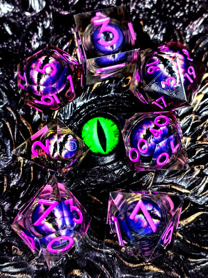 DnD Dice Set - 7-Piece Resin Dice with Spinning Dragon Eye Core, Transparent Blue for RPG & Tabletop Games