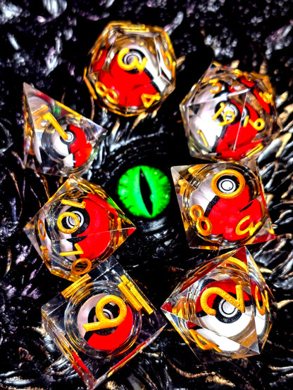 DnD Dice Set - 7-Piece Resin Dice with Spinning Dragon Eye Core, Transparent Blue for RPG & Tabletop Games